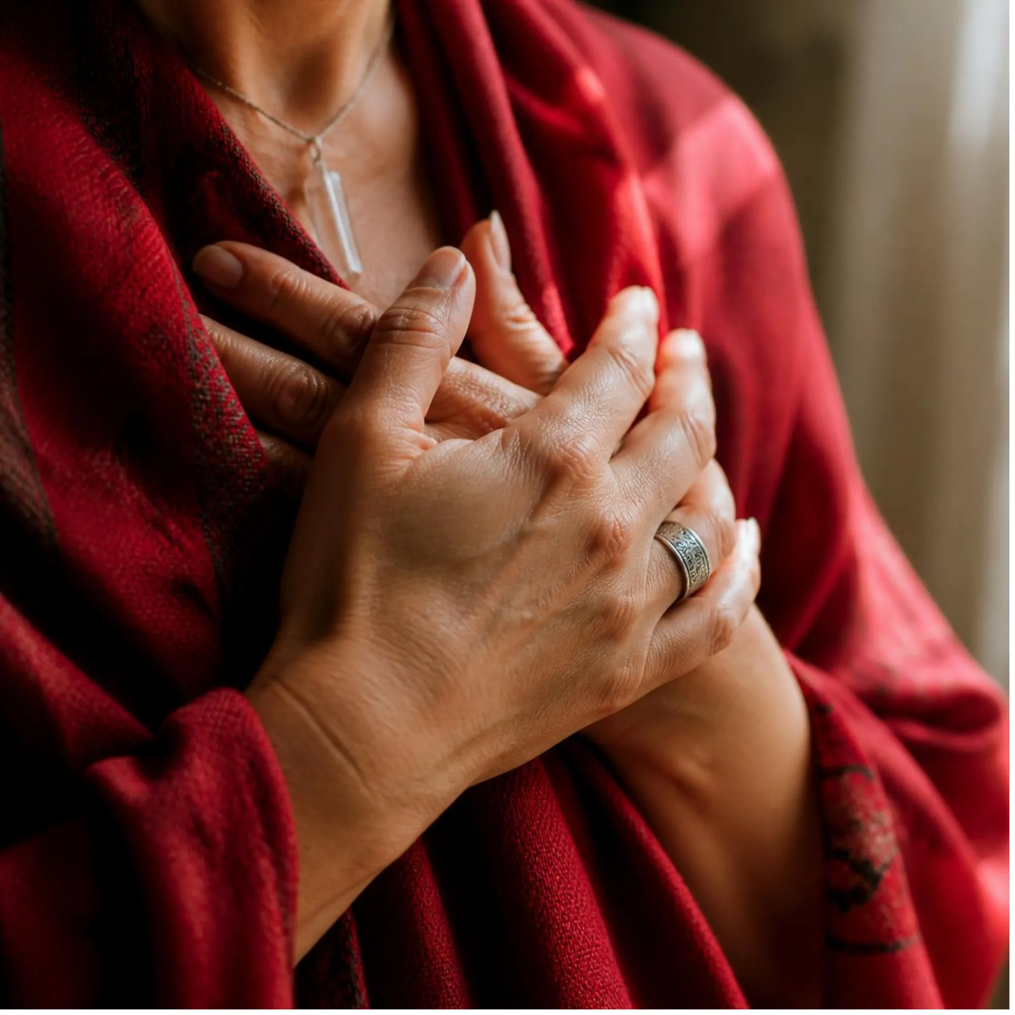 A woman resting both hands over her heart, wrapped in a red shawl.